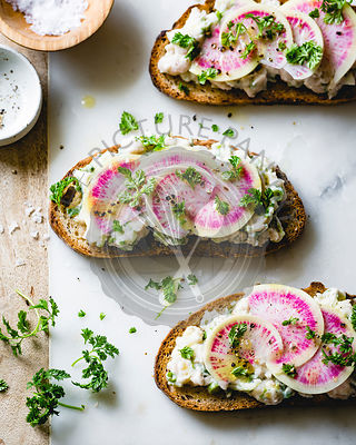 Watermelon Radish White Bean Tartines