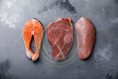 Raw food Salmon oily fish steak, beef meat and chicken breast on gray concrete background