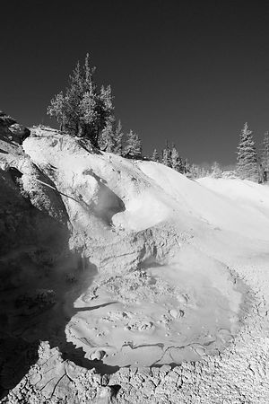 GEOTHERMAL HOT SPRING SULPHUR WORKS LASSEN VOLCANIC NATIONAL PARK CALIFORNIA BLACK AND WHITE VERTICAL