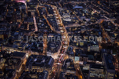 Aerial view of London, Oxford Street and Regent Street at night.
