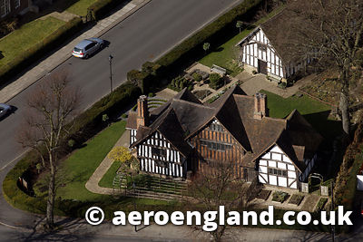 aerial photograph of Selly Manor Birmingham, England UK, is a cruck-framed timber 14th-century Manor House which was built in Bournbrook and then moved to Bournville by Geore cadbury in 1914
