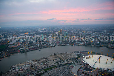 Aerial view of Canary Wharf at dusk looking West, London