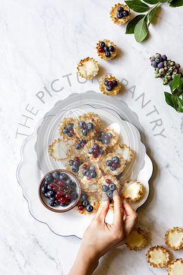 Lemon Blueberry Mini Tarts on a marble background