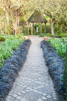 A path of stone setts and gravel in the Canal Garden is framed by black Ophiopogon planiscapus 'Nigrescens' and leads towards the Dell Garden with white drinking fountain as focal point. York Gate Garden, Adel, Leeds, Yorkshire
