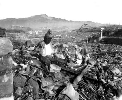 Religious figures amid ruins of Nagasaki following attack
