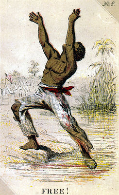Card depicting slave reaching freedom