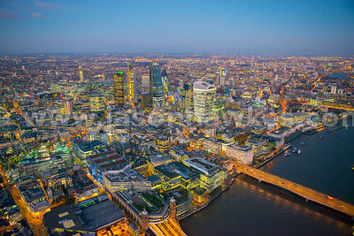 Aerial view of the City at night, London