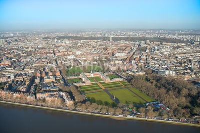 Aerial view of London, Chelsea from River Thames towards Belgravia, Brompton and Hyde Park.