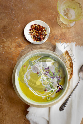 Red Lentil Cilantro Coconut Soup served with bread.