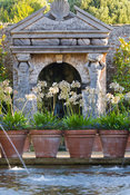 The allegorical River Arun emerges from a rocky grotto framed by a scallop shell pediment and muscular caryatids. It flows along a rill pool flanked by turned oak urns spouting water through gilded lions' heads. Planting includes Alchemilla mollis and white agapanthus. The Collector Earl's Garden designed by Julian and Isabel Bannerman. Arundel Castle Gardens, Arundel, West Sussex, UK