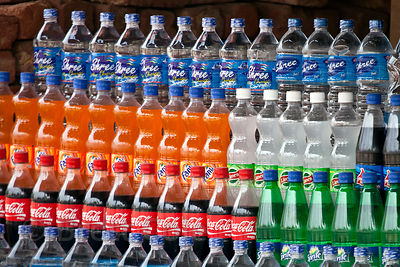 Plastic bottled drinks for sale in Pushkar, Rajasthan, India. Plastic waste is a huge problem in India.