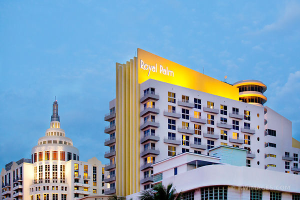 ROYAL PALM ART DECO ARCHITECTURE MIAMI BEACH FLORIDA NIGHT