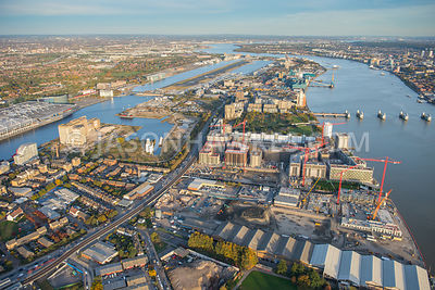 Aerial view, Pontoon Dock, City Airport, Royal Victoria Dock, Thames Barrier Park, London.