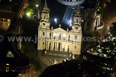 Aerial view over St Paul's Cathedral at night, London