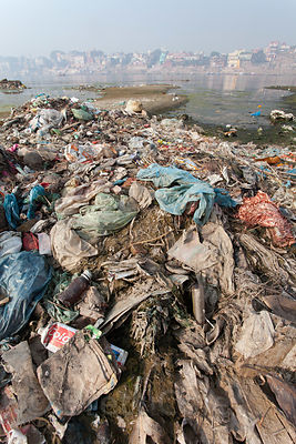 Garbage in the Ganges River in Varanasi, India. This is one of the most revered stretches of India's holiest river.