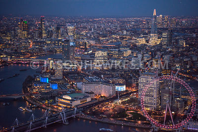 Aerial view, SouthBank, London. Jubilee Gardens (London), Kings College London (Waterloo Campus) (London), London Eye, London IMAX Cinema, London Television Centre, Millenium Wheel, night, One Blackfriars, river thames, Royal Festival Hall, Royal National Theatre, Shell Centre, South Bank, Southbank, waterloo