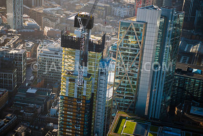 Aerial view of London, Broadgate Tower close up from Shoreditch High Street.