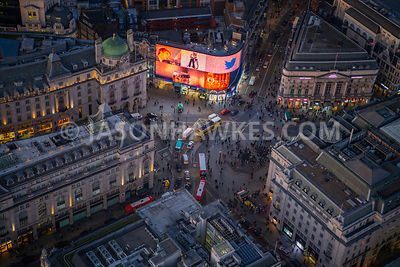 Night aerial view of Piccadilly Circus, London