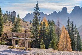 A bench seat in hiking area of the Fanes Sennes Prags Nature Park near Schluderbach Carbonin in the South Tyrol, Italy.