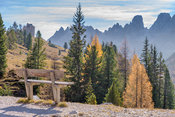 A bench seat in hiking area of the Fanes Sennes Prags Nature Park near Schluderbach Carbonin in the South Tyrol, Italy.