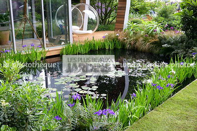 Bassin, Véranda, Coin repos, Iris ensata, Iris de Kaempfer, Pittospurum tobira, Paysagistes Diarmuid Gavin & Stephen Reilly. CFS