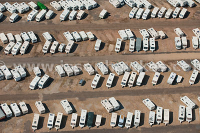 Aerial view over pattern of caravans