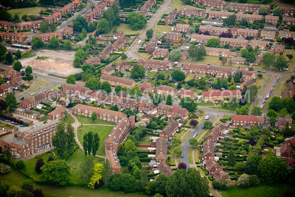 Aerial View. Houses, Welwyn Garden City, Hertfordshire . Jason Hawkes