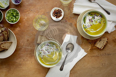 Red Lentil Cilantro Coconut Soup served with bread.