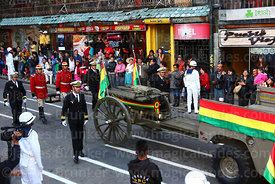 Navy officers escort the remains of Eduardo Abaroa as they arrive in Plaza Avaroa on a gun carriage, La Paz, Bolivia
