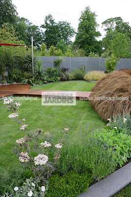 Jardin contemporain. Pelouse. Claustra. Coin repos. Sambucus nigra 'Guincho Purple'. Carex comans 'Milk Chocolate'. Dallage en bois. Irlande. Paysagistes : Com Doyle et Dean Lacey
