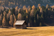 A mountain hut in hiking area of the Fanes Sennes Prags Nature Park near Schluderbach Carbonin in the South Tyrol, Italy.