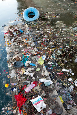 Filthy garbage strewn lake in Jodhpur, Rajasthan, India