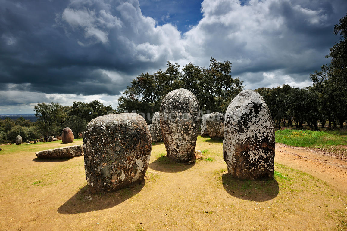 Almendres cromlech, a 8000 years old prehistoric monument. Évora, Portugal