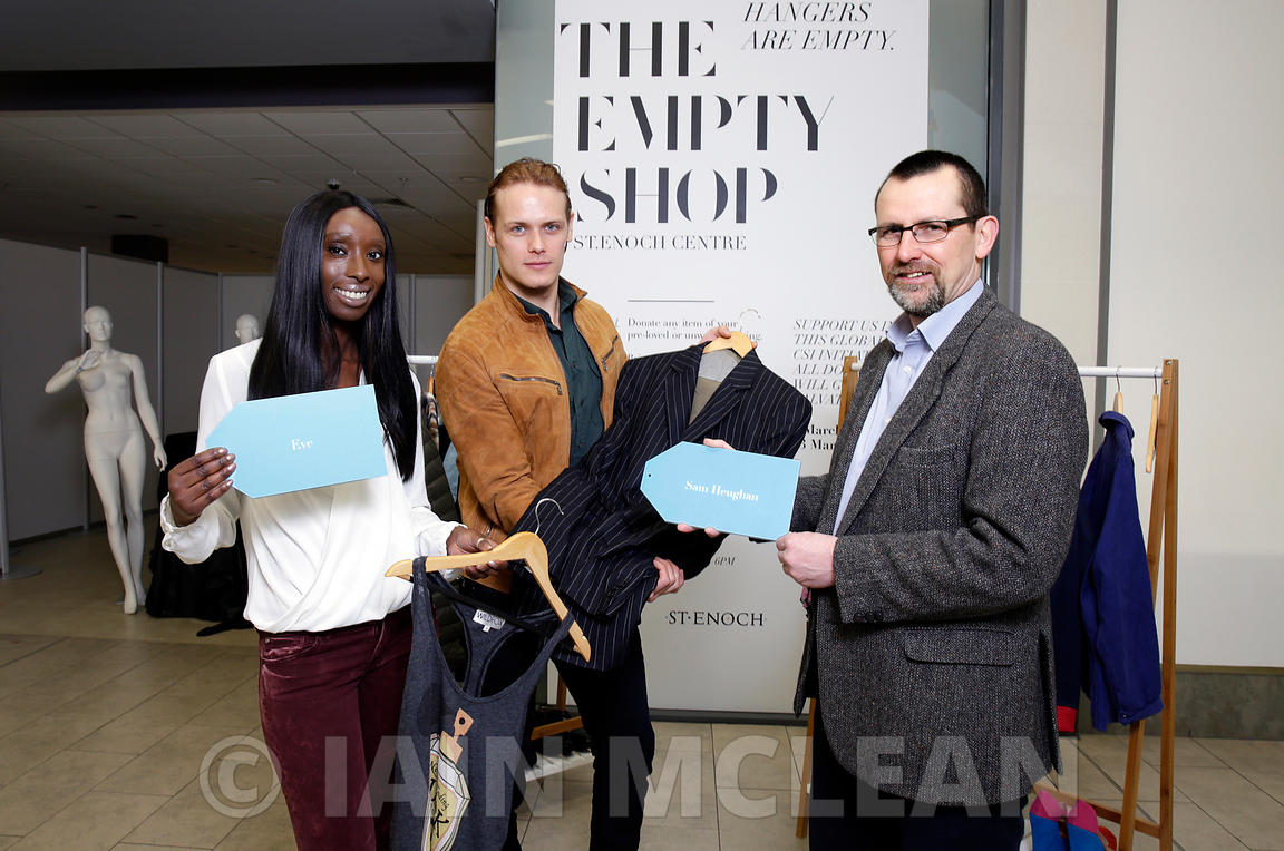 St Enoch Centre, Glasgow.3.3.16.Scottish actor and star of Outlander Sam Heughan and Eunice Olumide, TV presenter, supermodel, actress and environmental campaigner were today at 'The 'Empty Shop' unit as part of Pass It On Week, organised by Zero Waste Scotland. ..More info from Sarah Stuart at Zero Waste Scotland.07715 066 461.sarah.stuart@zerowastescotland.org.uk...Pictures Copyright: Iain McLean.79 Earlspark Avenue.G43 2HE.07901 604 365.www.iainmclean.com.photomclean@googlemail.com.07901 604 365.ALL RIGHTS RESERVED.