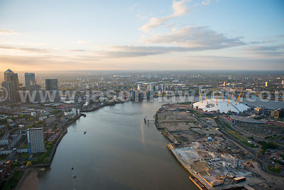 Aerial view of the Greenwich Peninsula and the Thames River, London
