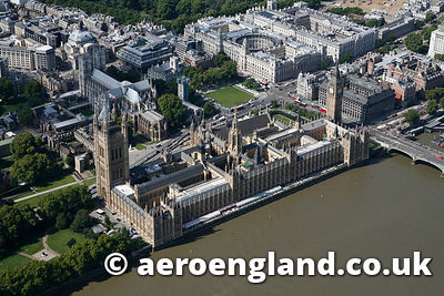 aerial photograph of the houses of Parliament London UK