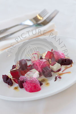 Textures of Beetroot with blue cheese panna cotta.