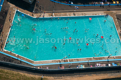 Aerial view of swimmers in swimming pool