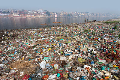 Garbage in the Ganges River in Varanasi, India. This is one of the most revered stretches of India's holiest river.