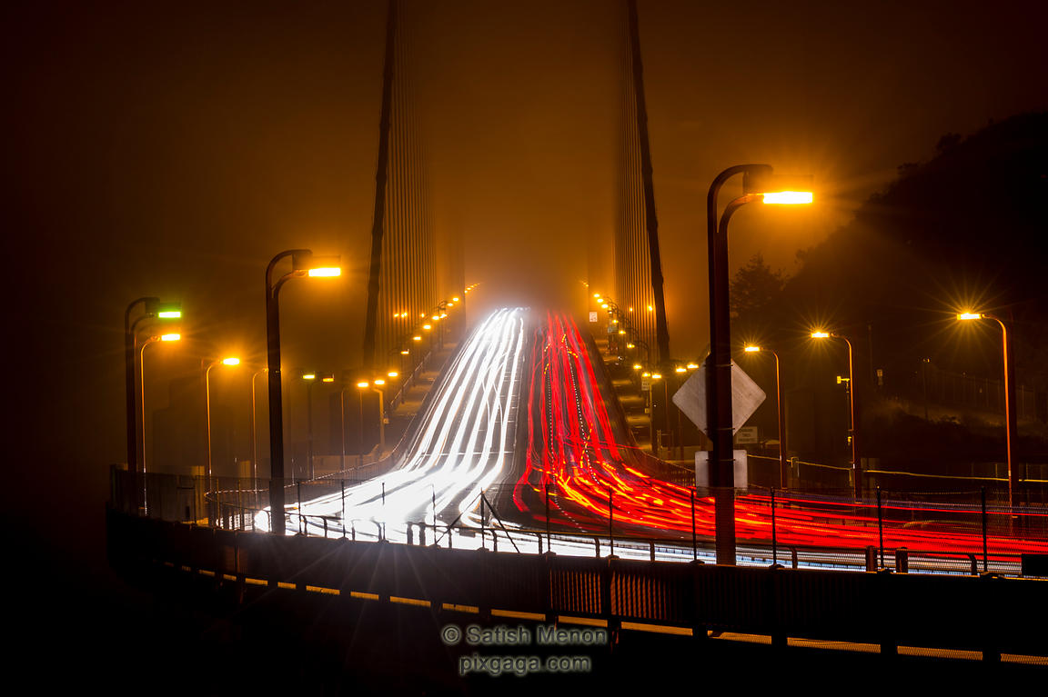 Night traffic on Golden Gate Bridge, San Francisco, CA, USA