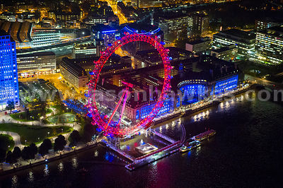 Aerial view of the London Eye at night, London