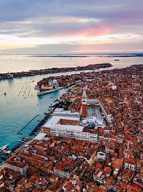 Aerial view of sunset in Venice, Veneto, Italy