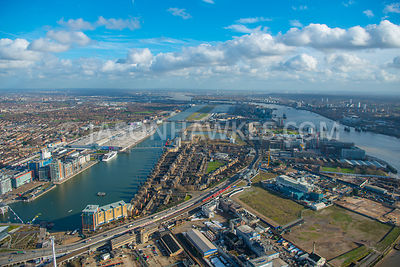 Aerial view of East London, Silvertown with River Thames.