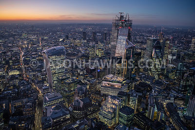 Dusk aerial view of the City of London.