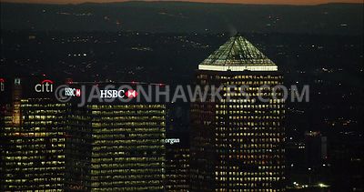 London Aerial Footage of Docklands at night.