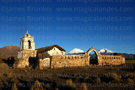 Rustic church near Lagunas, Payachatas volcanos behind, Sajama National Park, Bolivia