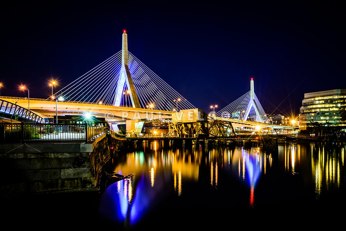 Image: Boston Bunker Hill Zakim Bridge at Night Photo Large Canvas