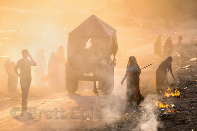 Women sweep up and burn garbage on a dusty desert road after the Pushkar Camel Fair, Pushkar, Rajasthan, India. Air pollution is an epidemic health crisis across India. India has the worst air pollution in the world, worse even than China, with Delhi the #1 worst city in the world.