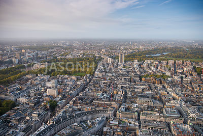 Aerial view of London, Mayfair with St James's from Soho, Regent Street towards Hyde Park.