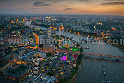 Aerial view of The Southbank and Waterloo at night, London